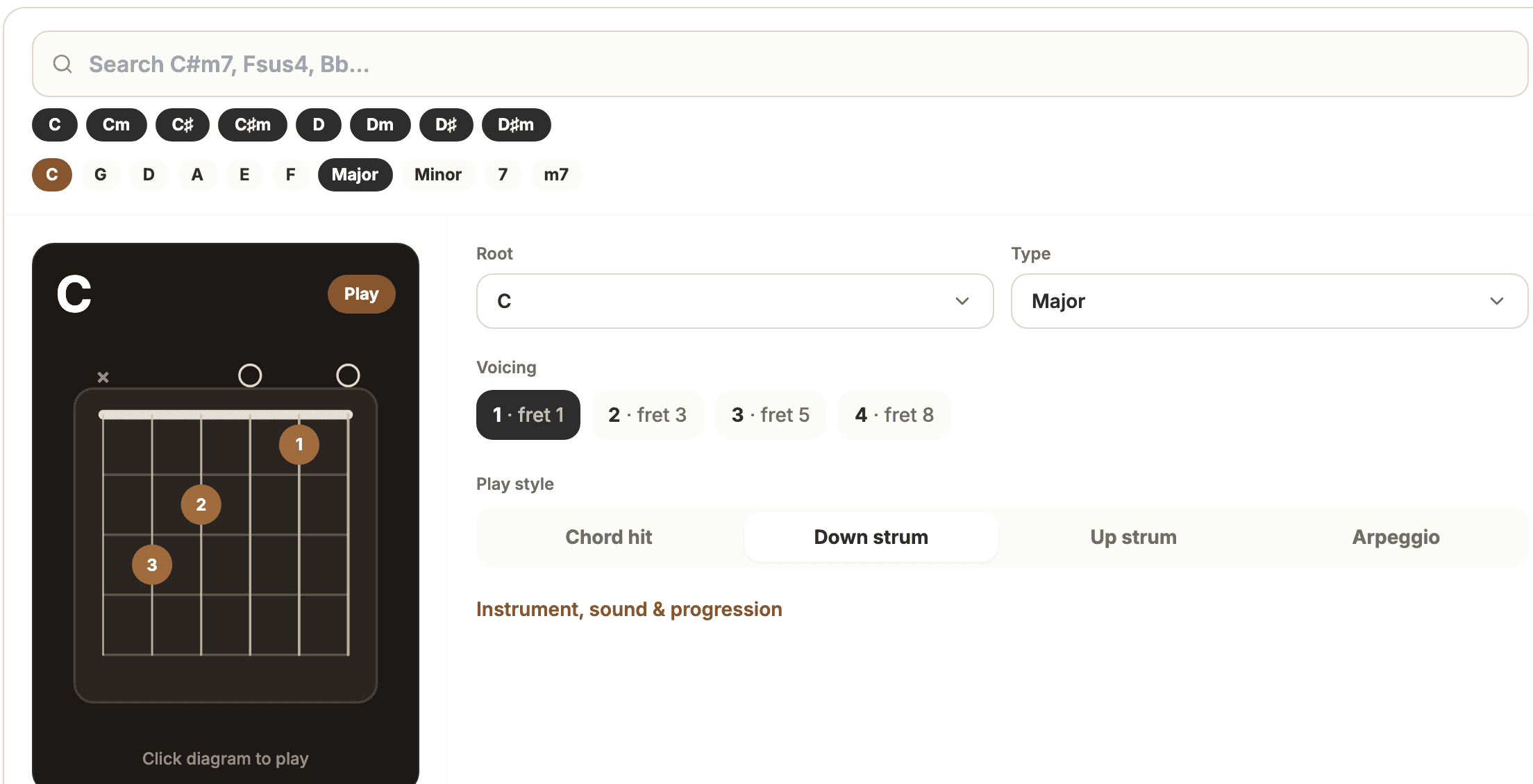 Chord finder online menampilkan diagram C mayor dengan pilihan voicing, gaya main, dan playback audio