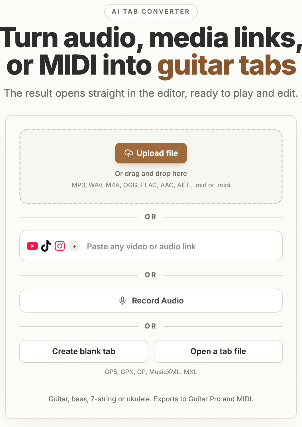 Tabtify's converter accepting audio files, video links, live recordings, and tab files