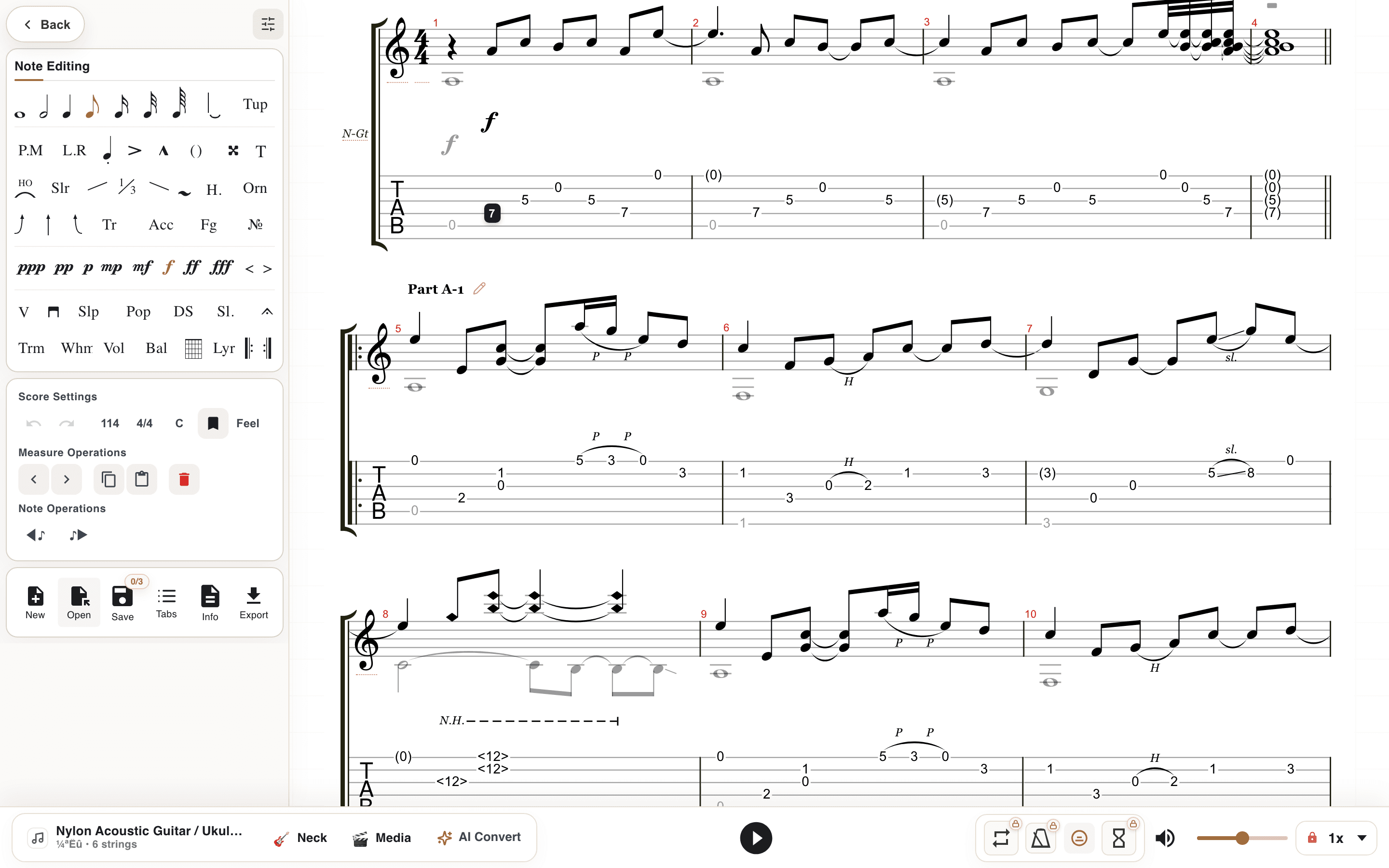 File Guitar Pro terbuka di editor browser menampilkan notasi standar, tablatur, dan kontrol playback