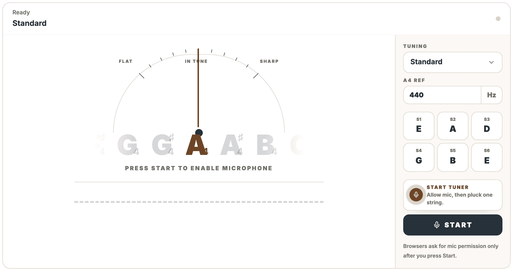 A browser guitar tuner with a needle gauge, tuning presets, reference pitch, and per-string targets